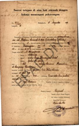 Surat tetapan di atas hak rumah dengan haknya menempati pekarangan dari pemerintah di Kadipaten P...