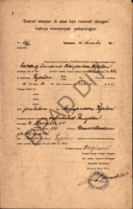 Surat ketetapan di atas hak rumah dengan haknya menempati pekarangan dari Pemerintah di Kadipaten...