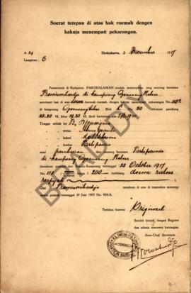 Surat ketetapan tanah di atas hak rumah dengan haknya menempati pekarangan dari Pemerintah di Kad...
