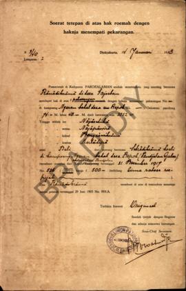 Surat ketetapan di atas hak rumah dengan haknya menempati pekarangan dari Pemerintah di Kadipaten...