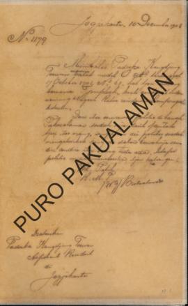Surat kepada Paduka Kanjeng Tuwan Asisten Resident di Yogyakarta tanggal 10 Desember 1902 tentang...