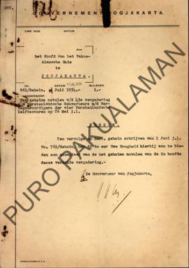 Surat dari Gubernur Yogyakarta untuk Kepala Pakualaman Jogjakarta tentang menawarkan notulen raha...