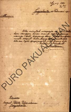 Surat No.2289/33 dari Mataram kepada Regent Politie Pakulaman Jogjakarta perihal memerintahkan or...