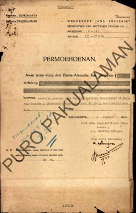 Surat permohonan dari Kepala Bagian Pertanggungjawaban Pakulaman akan menerima uang dari Kas Paku...