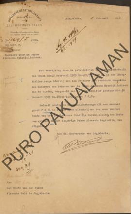 Surat dari Gubernur Jogjakarta untuk Het Hoofd Pakualamsche Huis di Jogjakarta tentang buklet unt...