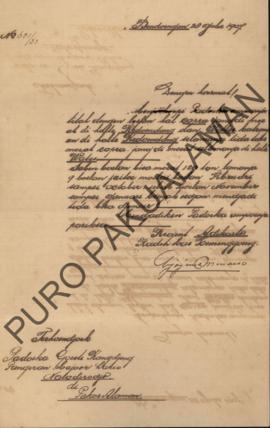 Surat dari Bupati Adikarta Raden Mas Tumneggung kepada Paduka Gusti Kangjeng Pangeran Mayor Hario...