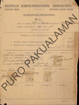 Tanda bukti pembayaran sekolah Neutrale Schoolvereeniging “Djokjakarta” dari nama murid B.R.A. Ko...