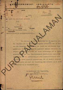 Surat dari Goevernur van Djogjakarta yang ditujukkan kepada Pakualaman di Jogjakarta perihal pemb...