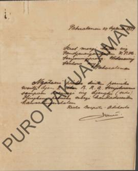 Surat yang ditujukan kepada Pandjenengan Dalem K.P.H Soerjaningprang Wedono Sentono di Pakualaman...