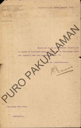 Surat dari Guru Pertanian kepada Pangeran Paku Alam perihal penyampaian salinan daftar gaju dari ...