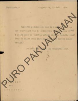 Surat /berkas memorandum dari Kepala Bagian Keungan yang ditujukan kepada Regent Adikarto perihal...