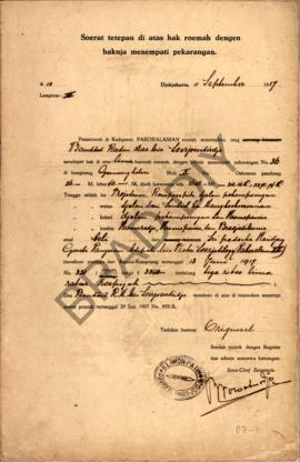 Surat ketetapan tanah di atas hak rumah dengan haknya menempati pekarangan dari Pemerintah di Kad...