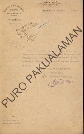 Surat dari Direktur Regional Residentie Djogjakarta kepada Pakulaman perihal penyampaian Salinan ...