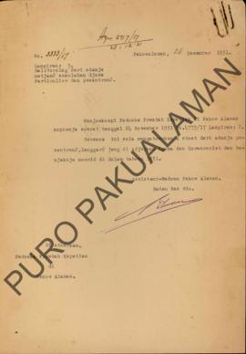 Surat tembusan dari Regent Patih Pakualaman Pangeran Ario kepada Paduka Kandjeng Tuwan Assistant-...