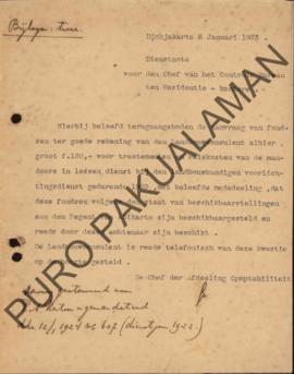 Surat dari Kepala Bagian Pertanggung Jawaban Keuangan untuk Kepala Control Bureau tentang tentang...