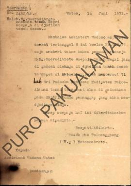 Surat dari Raden Mas Tumenggung Notosoebroto untuk Assistant Wedono Wates Boendengan tentang Berk...