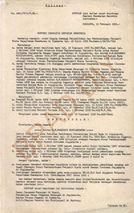 Surat Keputusan Menteri Kesehatan RI Nomor 9297/Kab, tanggal 13 Januari 1959 tentang dokter RM. R...