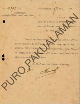 Nota dari Kepala Kontrol Bureau kepada Bagian Pertanggung Jawab Keuangan dari pemerintahan Pakual...