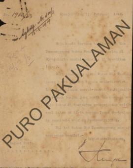 Surat dari Asisten Resident kepada Regent Patih di Pakualaman No.1913/33, perihal pemberitahuan b...