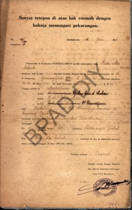 Surat tetapan di atas hak rumah dengan haknya menempati pekarangan dari pemerintah di Kadipaten P...