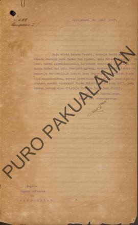 Surat dari Patih Pakualaman kepada Regent Adikarto perihal supaya memberitahu Raden Mas Slamet ba...