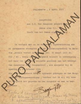 Surat dari Kepala Pakualaman kepada Ketua Dewan Pengawas Sekolah Tinggi Hukum di Weltevreden pada...