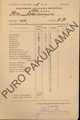 Laporan hasil belajar Saudara RM. Notoatmoro tahun ajaran 1920/1921 Sekolah Princes Julianna Scho...