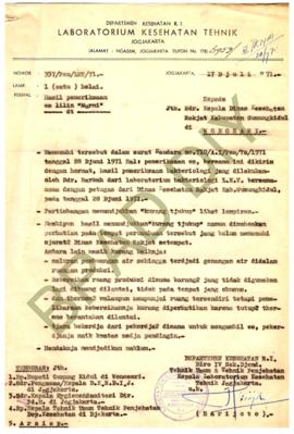 Surat dari Kepala Laboratorium Kesehatan Teknik Yogyakarta kepada Kepala Dinas Kesehatan Rakyat K...