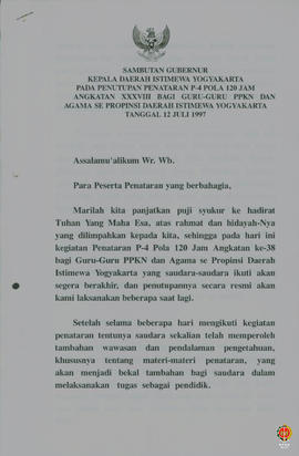 Teks sambutan Gubernur Kepala Daerah Istimewa Yogyakarta pada penutupan penataran P4 pola 120 jam...