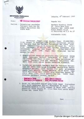 Surat dari Menteri Penerangan Republik Indonesia Direktur Jenderal  Pembinaan Pers dan Grafika (P...