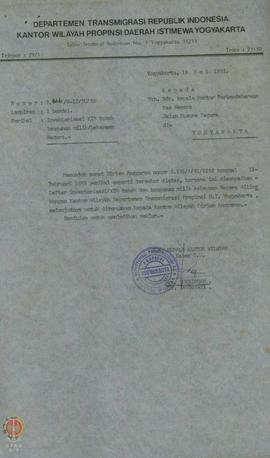 Surat dari Kepala Kantor Wilayah Departemen Transmigrasi DIY kepada Kepala kantor Perbendaharaan ...