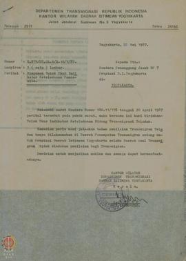 Surat dari Kepala Kantor Wilayah Departemen Transmigrasi DIY kepada Penanggung jawab BP.7 DIY Per...