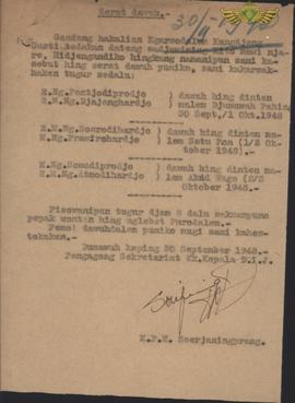 Surat dari KPH Soerjaningprang perihal tentang surat perintah untuk jaga malam, kepada R. Ng. Pon...