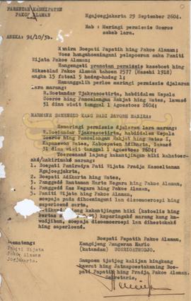 Parentah Kadipaten Pakualaman kepada Panti Wiyata Pakualaman Yogyakarta tanggal 29 September 2604...