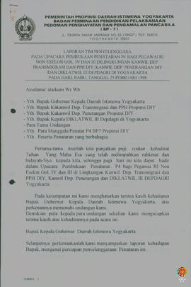 Laporan tim penyelenggara pada upacara pembukaan penataran P4 bagi Pegawai RI Non Eselon Gol. IV ...