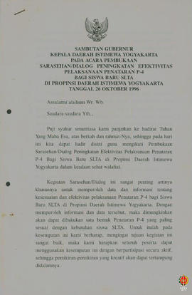 Teks Sambutan Gubernur Kepala Daerah DIY pada acara Pembukaan Sarasehan/Dialog peningkatan efekti...