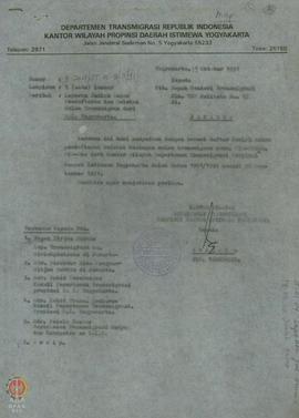 Surat dari Kepala Kantor Wilayah Departemen Transmigrasi DIY kepada Bapak Menteri Transmigrasi pe...