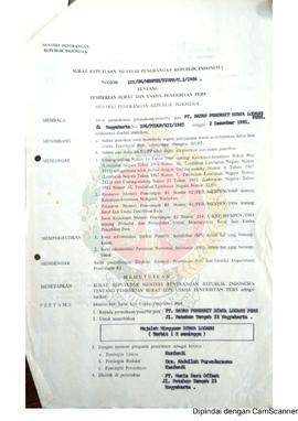 Surat Keputusan Menteri Penerangan Republik Indonesia Nomor :  109/SK/MENPEN/ SIUPP/C.1/1986 tent...