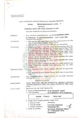 Berkas surat perihal perubahan, pemberian dan permohonan Surat Izin Usaha Penerbitan Pers atas na...