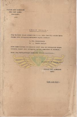 Surat tugas dari Paku Alam VIII (ketua Yayasan Rarajongrang) kepada Sdr. Prajatanaya dan satrio S...