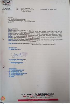 Berkas surat perihal penyelesaian masalah PT. Radio Geronimo dengan melakukan perubahan nama menj...