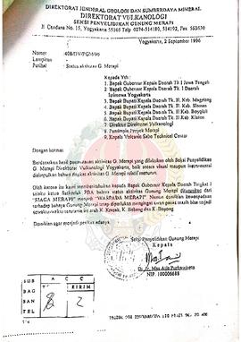 Berkas surat perihal laporan atensi mengenai aktivitas dan situasi peningkatan kegiatan Gunung Me...