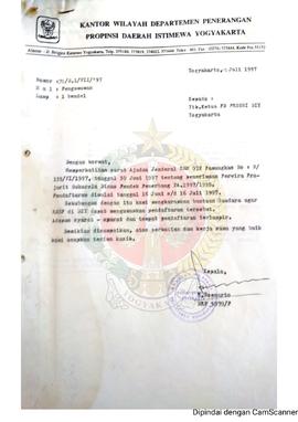 Surat dari Kepala Kantor Wilayah Departemen Penerangan Provinsi Daerah Istimewa Yogyakarta kepada...