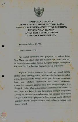 Sambutan Gubernur DIY pada Acara Pembukaan Festival Ketoprak dengan pesan-pesan P-4 antar Daerah ...