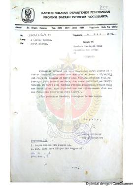 Surat dari Kepala Kantor Wilayah Departemen Penerangan Daerah Istimewa Yogyakarta kepada Pemimpin...