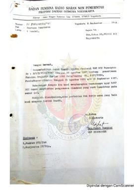 Surat dari Sekretaris yang bertindak atas nama Ketua Badan Pembina Radio Siaran Non Pemerintah Pr...