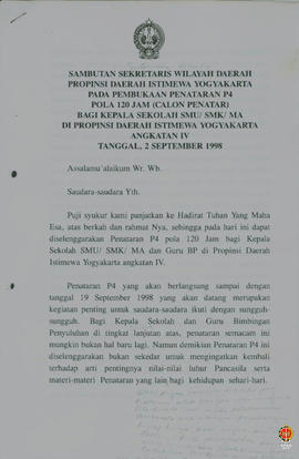 Teks sambutan Gubernur Kepala Daerah Istimewa Yogyakarta pada pembukaan penataraan P4 pola 120 ja...