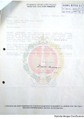 Surat dari Wakil Pemimpin Umum PT. Media Interaksi Utama Penerbit Harian Umum Suara Pembaruan kep...