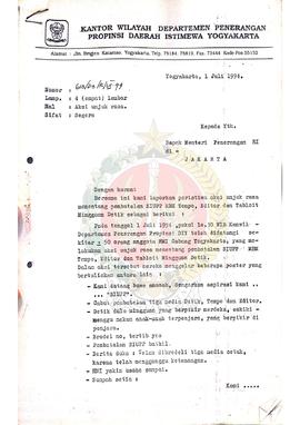 Surat dari Kepala Bagian Umum Kantor Wilayah Departemen Penerangan Provinsi Daerah Istimewa Yogya...
