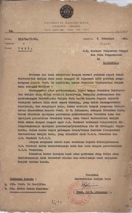 Surat dari UNGM kepada J.M. Menteri Perguruan Tinggi dan Ilmu Pengetahuan di Jakarta, tentang usu...